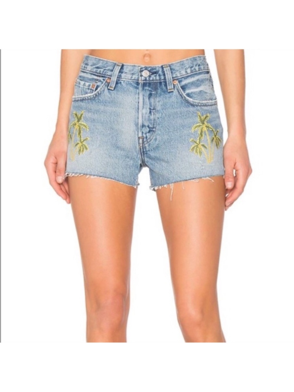 Levi's Blue Denim Cutoff Shorts with Yellow Palm Embroidery